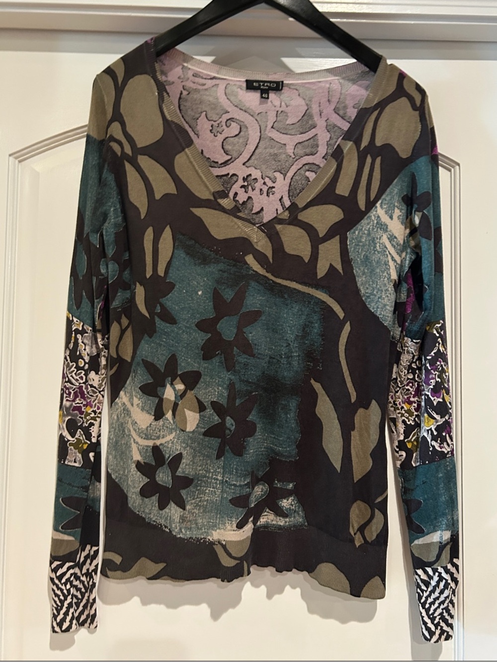 Etro V-Neck Sweater in Teal, Olive, Black & Purple Accents